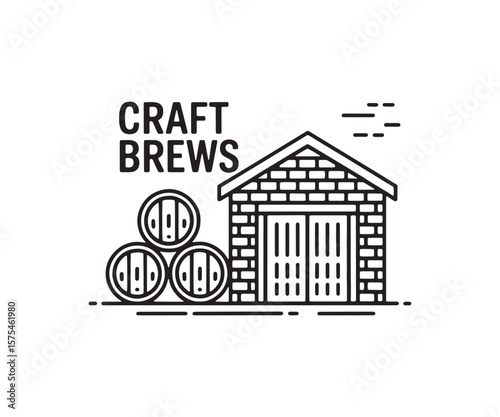 Craft Brewery Building and Barrels Line Art Icon