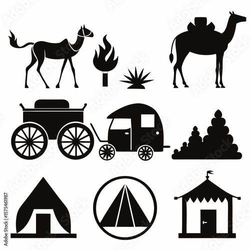Desert caravan journey with camels and tents dromedary