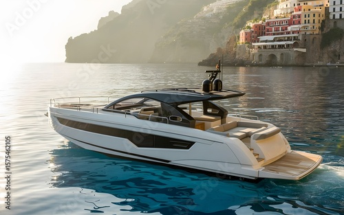 Sleek modern yacht cruising in a sunlit ocean, designed with a streamlined silver and black hull.