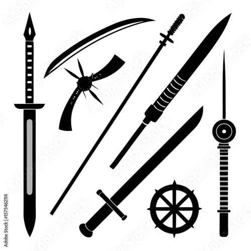 Diverse black martial arts weapon silhouettes collection sword katana