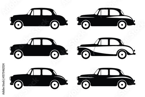 Vintage car illustrations: A captivating collection of vintage car illustrations, elegantly rendered in stark black, showcasing the timeless beauty and classic lines of automotive design. 