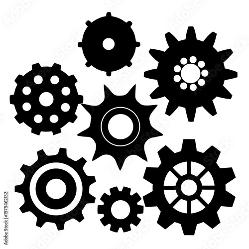 Diverse black gear and cog silhouettes on white background gears cogs