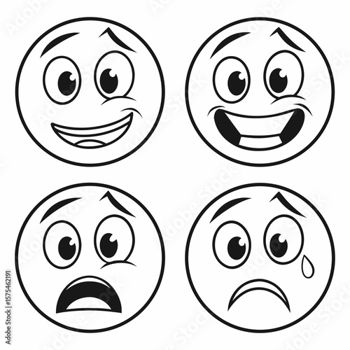 Diverse cartoon faces expressing emotions with simple line art emoji expressions
