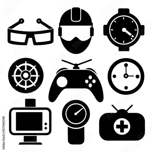Diverse collection of modern technology and medical icons smartwatch drone