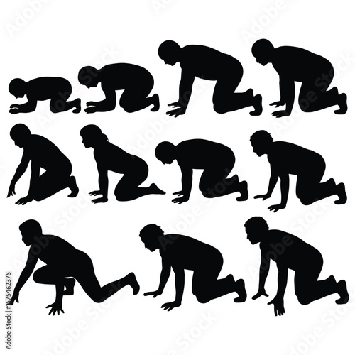 Human figures in various crawling positions black silhouettes