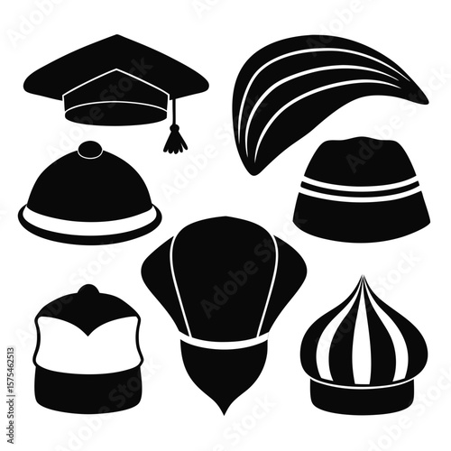Diverse headwear collection black silhouette white