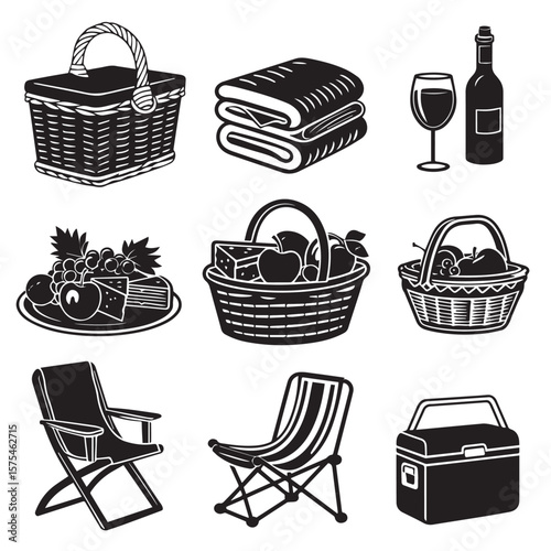 Collection of picnic related objects in black and white set of icon