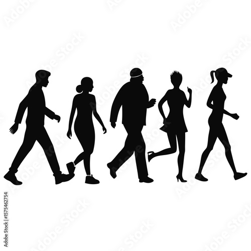 Diverse people walking and running silhouettes vector