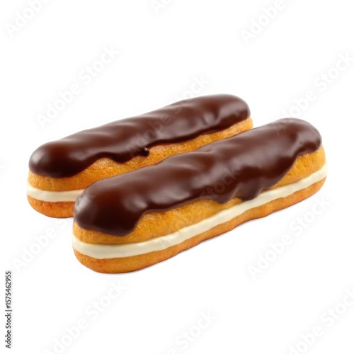 -Dessert image is transparent png. Two Chocolate Eclairs Displayed Against Transparent Background Showcasing Freshly Baked Pastry with Cream and Brown Chocolate Glaze