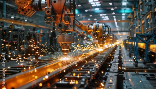 Robotic arm welding. Automated production line in a smart factory with robotic arms performing tasks, creating sparks.