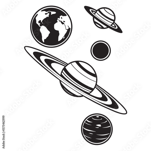Earth and ringed planets silhouettes saturn space