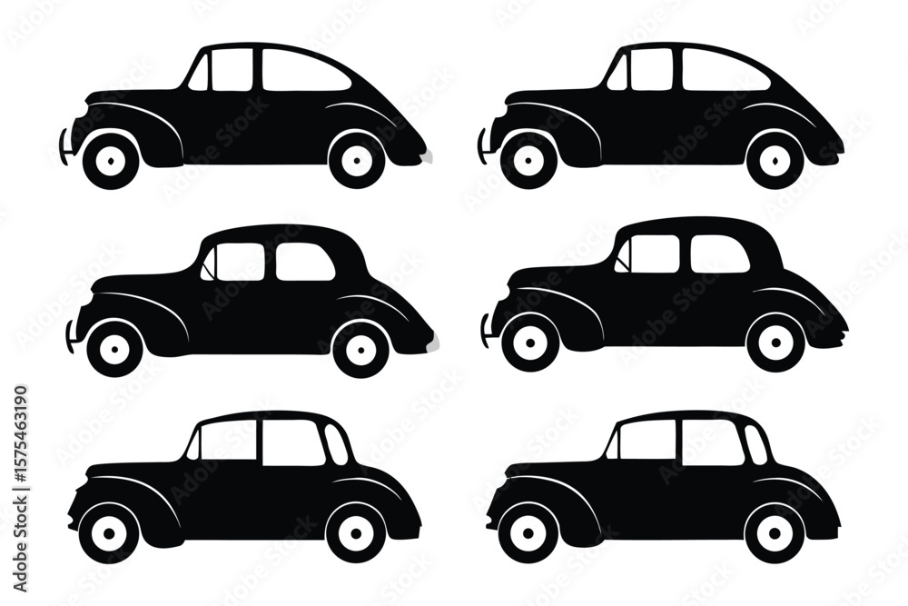 Fototapeta premium Classic Cars Vector Silhouettes: A collection of retro car design silhouette with elegance shape showcasing automotive style from decades past.