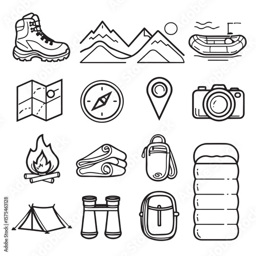 Outline drawings of camping and outdoor adventure supplies set of icon