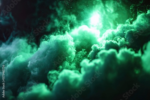 Greenlit wispy clouds fill a dark space creating an ethereal dreamlike atmosphere