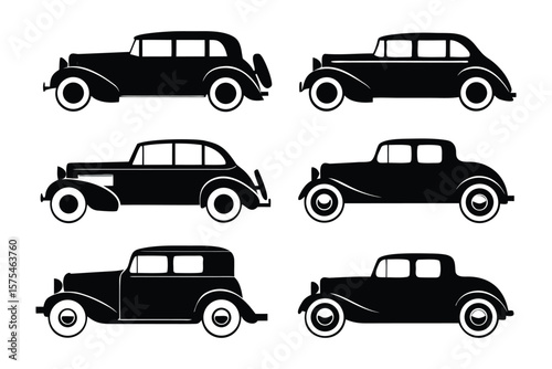 Vintage Car Collection: A sleek array of vintage automobiles, each a silhouette of timeless elegance and classic design, artfully arranged to celebrate automotive history and nostalgia.