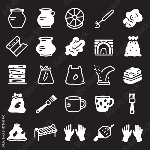 Collection of pottery related drawings in white on black set of icon