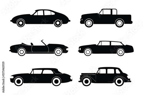 Silhouetted Car Collection: A collection of sleek, black car silhouettes, showcasing a variety of classic and modern vehicle designs, perfect for automotive and transportation-themed projects.