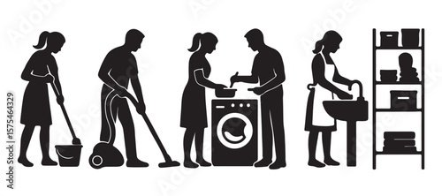 Domestic Chore Silhouettes: A collection of silhouettes depicting everyday home tasks, illustrating the various activities involved in maintaining a clean and organized household.