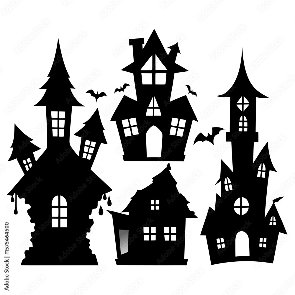 Fototapeta premium Five spooky haunted house silhouettes with bats black white