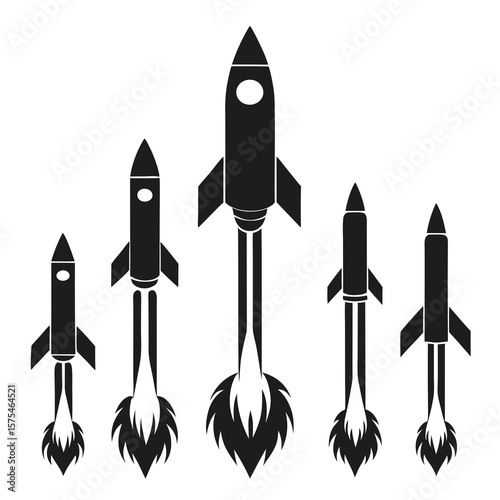 Five black rocket launch silhouettes with flame trails