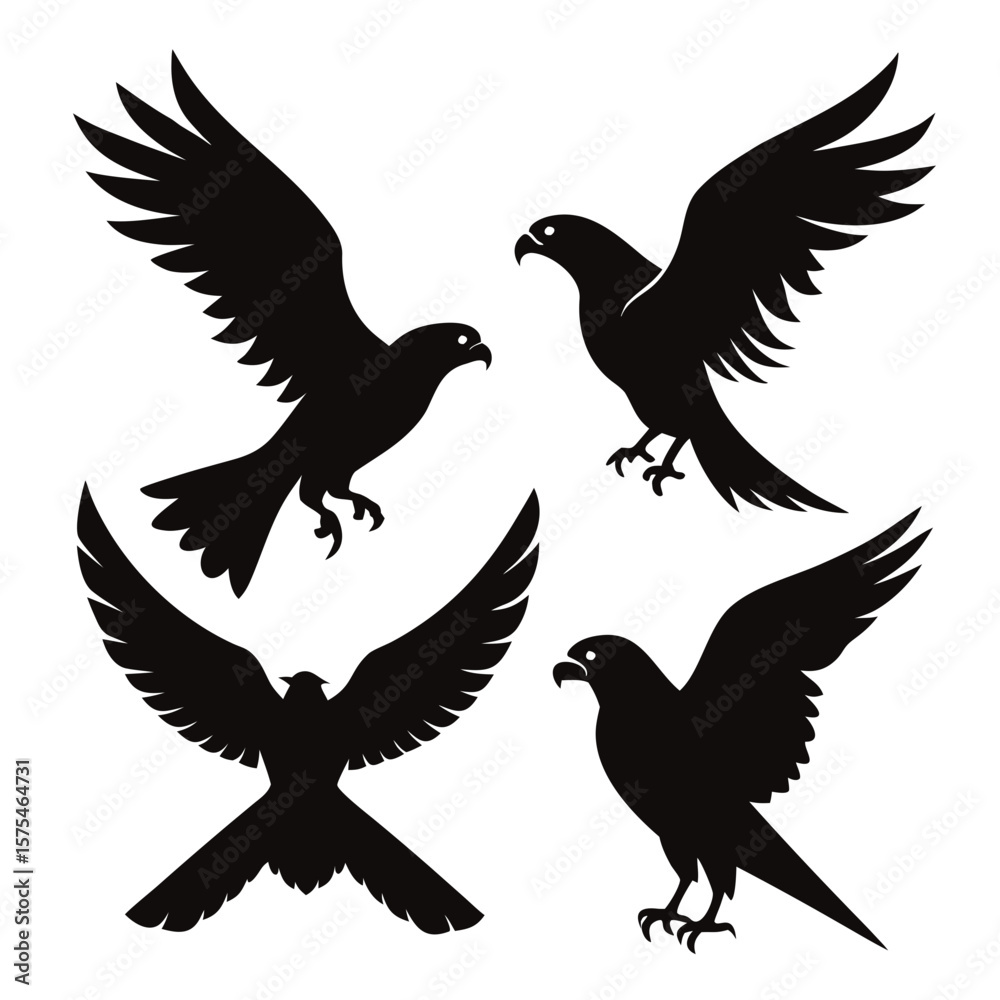 Four black falcon silhouettes in flight hawk bird Four black falcon silhouettes in flight hawk bird
