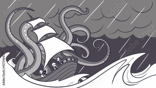 Kraken attack on pirate ship illustration sea monster storm nautical adventure drawing vector art graphic design