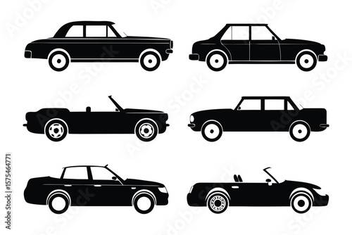 Classic Cars in Silhouette: A collection of iconic car silhouettes, rendered in stark black, showcases the elegant lines and timeless designs of vintage automobiles.