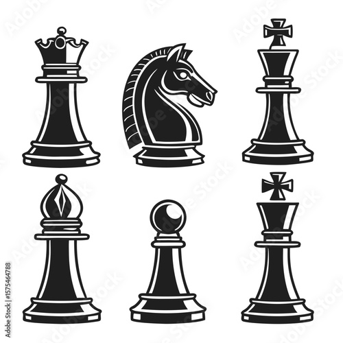 Format: Title: Black chess pieces king queen bishop knight pawn set