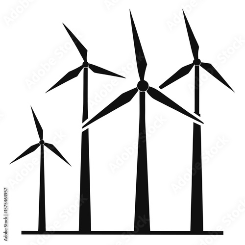 Four black wind turbines on white background energy power