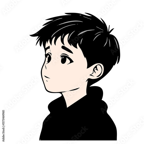 Pensive Anime Boy in Hoodie, Profile View (物思いにふけるパーカーの少年の横顔、アニメ風イラスト)