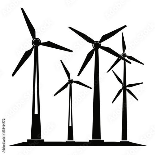 Four black wind turbines on white background renewable energy clean energy
