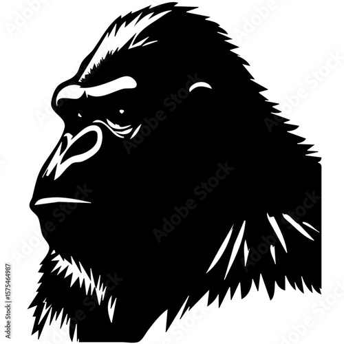Gorilla Head Profile Silhouette, Black and White (ゴリラの頭の横顔シルエット、白黒)