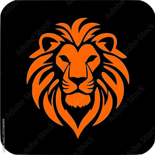 Majestic Orange Lion Head Logo on Black Background (黒背景に浮かぶ威厳あるオレンジ色のライオンの頭のロゴ)
