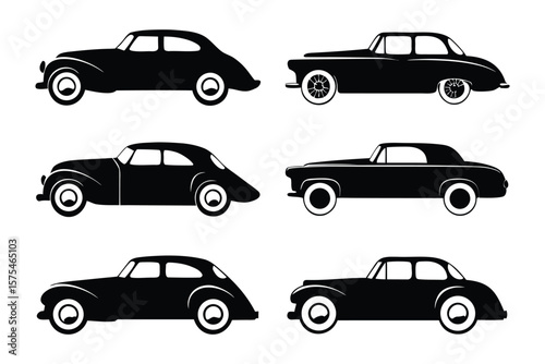 Vintage car silhouette: Classic car silhouettes in a flat style, embodying elegance and historical automotive design. A nostalgic glimpse of automotive artistry from a bygone era.