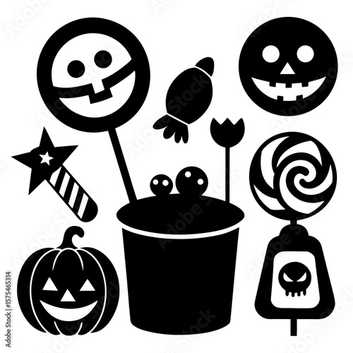 Halloween candy and treat silhouettes pumpkin lollipop skull bucket treats