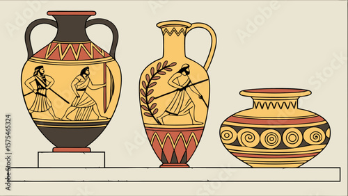 Ancient greek pottery vase art illustration with warriors and decorative patterns on shelf for history lovers
