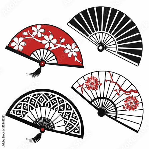 Four decorative fans with floral and geometric patterns