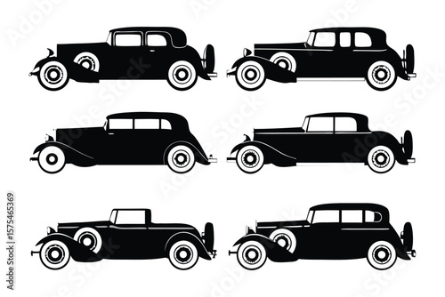 Classic Cars: A Collection of Six Vintage Automobiles Rendered in Black and White Graphics, Offering a Nostalgic Glimpse into Automotive History.