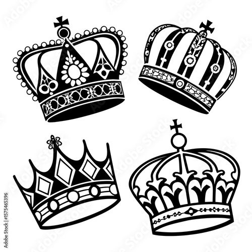 Four ornate black crown silhouettes with intricate designs