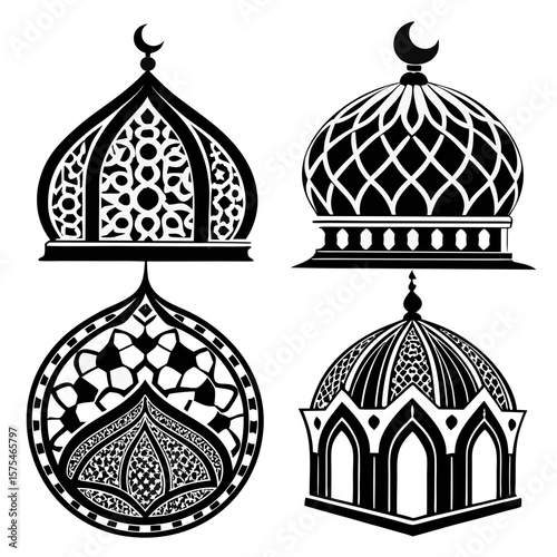 Islamic domes with crescent moons and intricate patterns architecture black and white