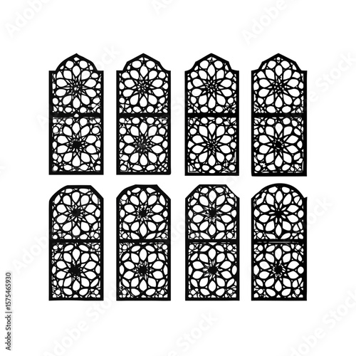 Islamic Geometric Window Patterns with Floral Motifs vector