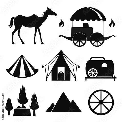 Horse tent caravan mountains trees wheel vector