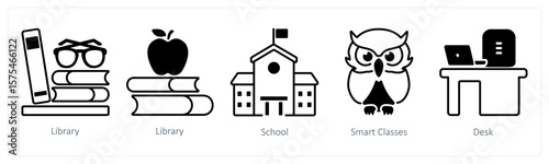 A set of 5 mix icons as library, school, smart classes