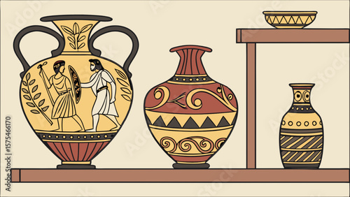 Explore ancient greek pottery art amphora vase and bowl on shelf museum exhibit collection of artifacts