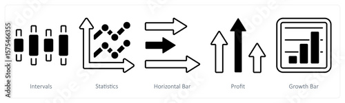 A set of 5 mix icons as intervals, statistics, horizontal bar