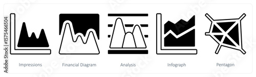 A set of 5 mix icons as impressions, financial diagram, analysis