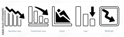 A set of 5 mix icons as business loss, investment loss, chart