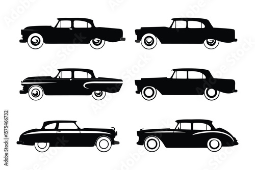 Vintage Car Silhouettes: A set of six classic vintage cars in stylish black silhouettes, a nod to timeless automobile design, suitable for any automotive concept.