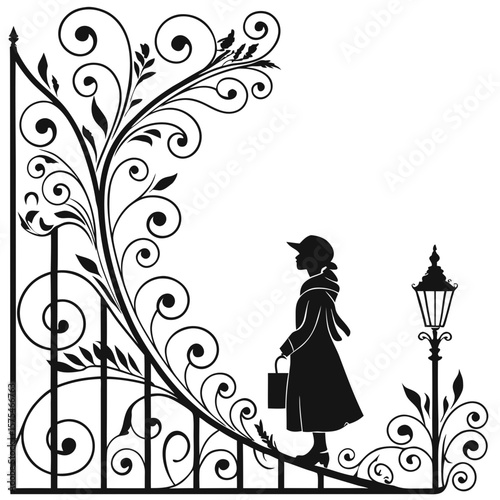 Ornate gate with woman and lamppost silhouette black white