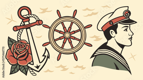 Vintage nautical tattoo design featuring sailor anchor ship wheel and rose illustration for print design